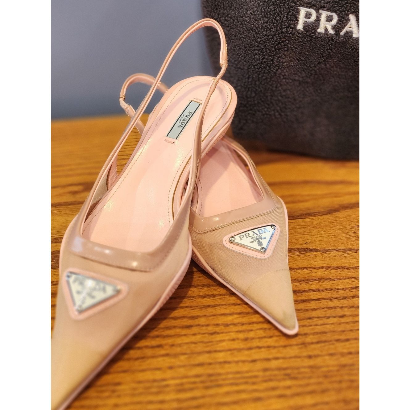 Prada Pink Patent Pointed Slingback Kitten Heels